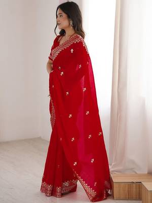 Red Embellished Zari Satin Heavy Work Saree 5