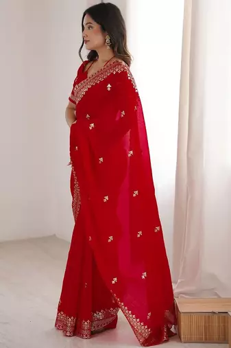 Red Embellished Zari Satin Heavy Work Saree