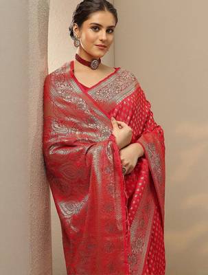 Red Embellished Banarasi Silk Blend Saree With Blouse Piece 1