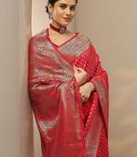 Red Embellished Banarasi Silk Blend Saree With Blouse Piece