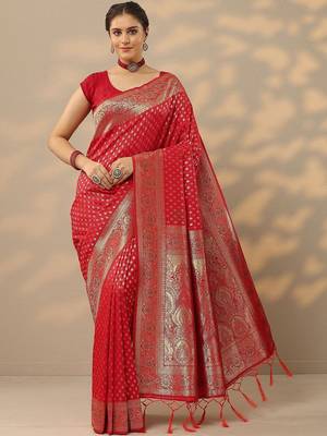 Red Embellished Banarasi Silk Blend Saree With Blouse Piece 2