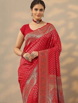 Red Embellished Banarasi Silk Blend Saree With Blouse Piece 5
