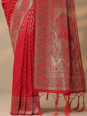 Red Embellished Banarasi Silk Blend Saree With Blouse Piece 6