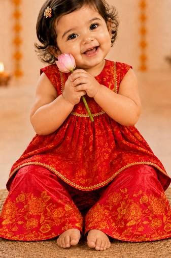 Girls's fuchsia chinon floral print knee length kurta and palazzo set