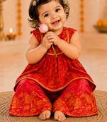 Girls's fuchsia chinon floral print knee length kurta and palazzo set