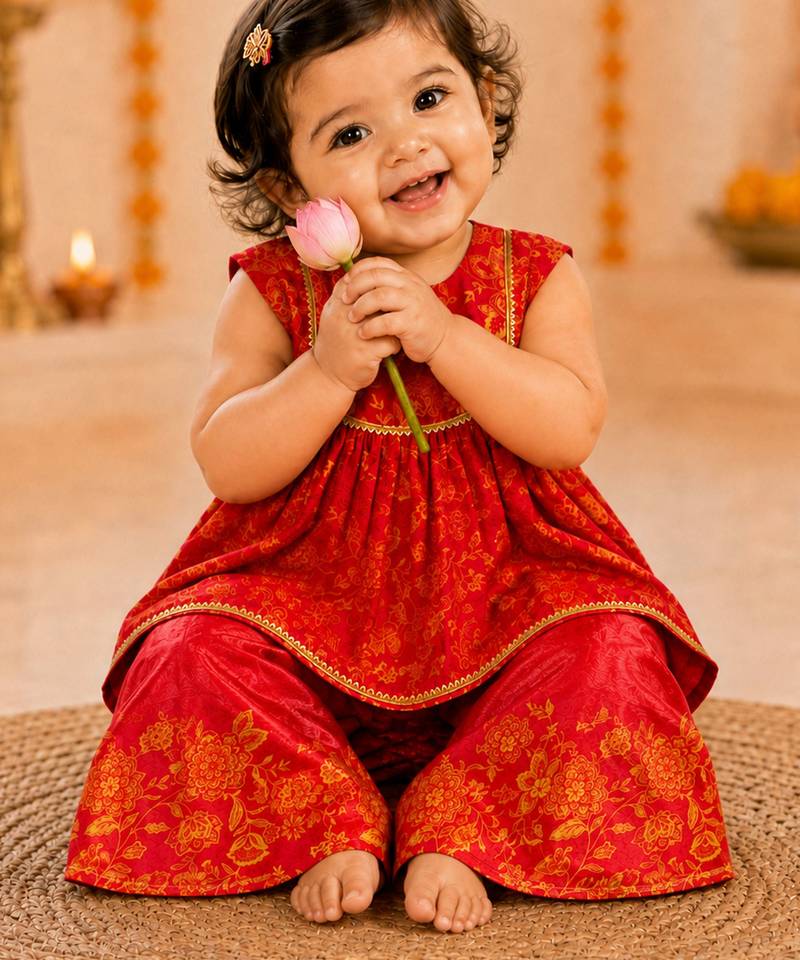 Girls's fuchsia chinon floral print knee length kurta and palazzo set