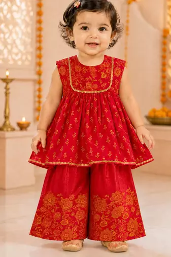 Girls's fuchsia chinon floral print knee length kurta and palazzo set