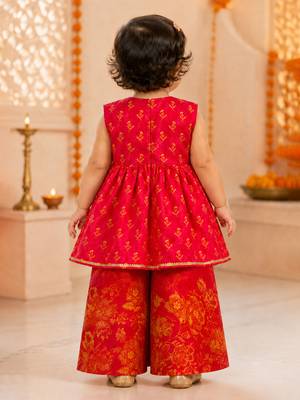 Girls's fuchsia chinon floral print knee length kurta and palazzo set 4