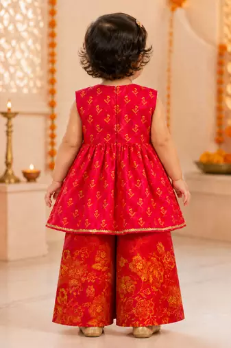 Girls's fuchsia chinon floral print knee length kurta and palazzo set