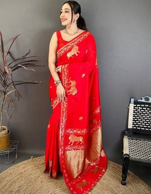 Ethnic Motifs Zari Art Silk Heavy Work Banarasi Sarees With Blouse  1