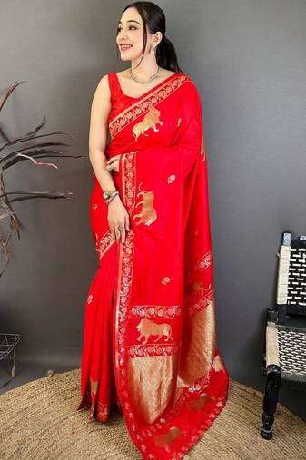 Ethnic Motifs Zari Art Silk Heavy Work Banarasi Sarees With Blouse 