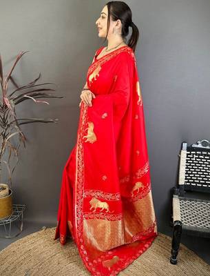 Ethnic Motifs Zari Art Silk Heavy Work Banarasi Sarees With Blouse  2
