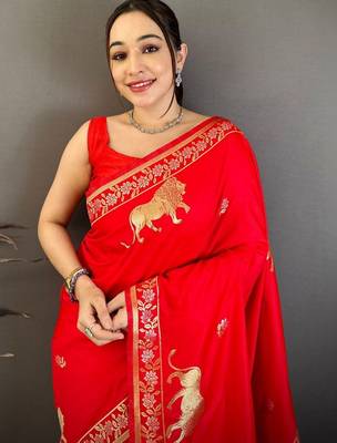 Ethnic Motifs Zari Art Silk Heavy Work Banarasi Sarees With Blouse  3
