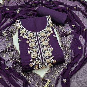 dark purple unstitched thread embroidery handwork with embroidered dupatta silk blend dress material 1