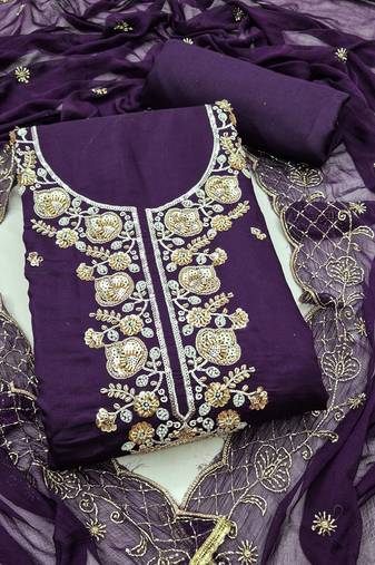 dark purple unstitched thread embroidery handwork with embroidered dupatta silk blend dress material