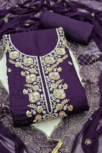 dark purple unstitched thread embroidery handwork with embroidered dupatta silk blend dress material