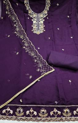 dark purple unstitched thread embroidery handwork with embroidered dupatta silk blend dress material 2
