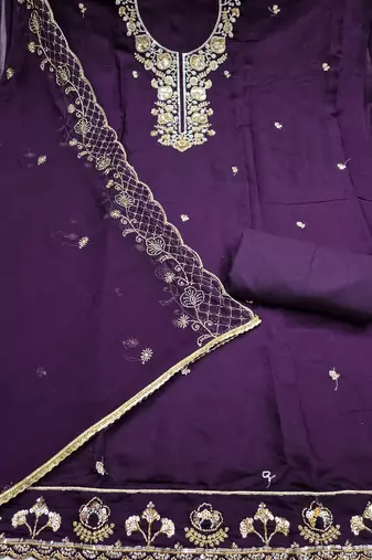 dark purple unstitched thread embroidery handwork with embroidered dupatta silk blend dress material