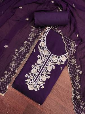 dark purple unstitched thread embroidery handwork with embroidered dupatta silk blend dress material 4