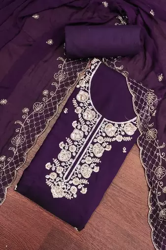 dark purple unstitched thread embroidery handwork with embroidered dupatta silk blend dress material