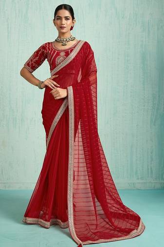 Striped Pure Chiffon Red Saree 
