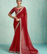 Striped Pure Chiffon Red Saree 