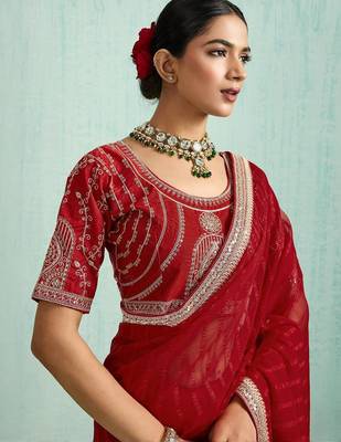 Striped Pure Chiffon Red Saree  2