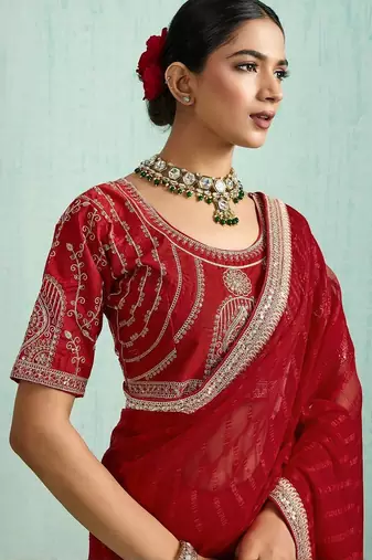 Striped Pure Chiffon Red Saree 