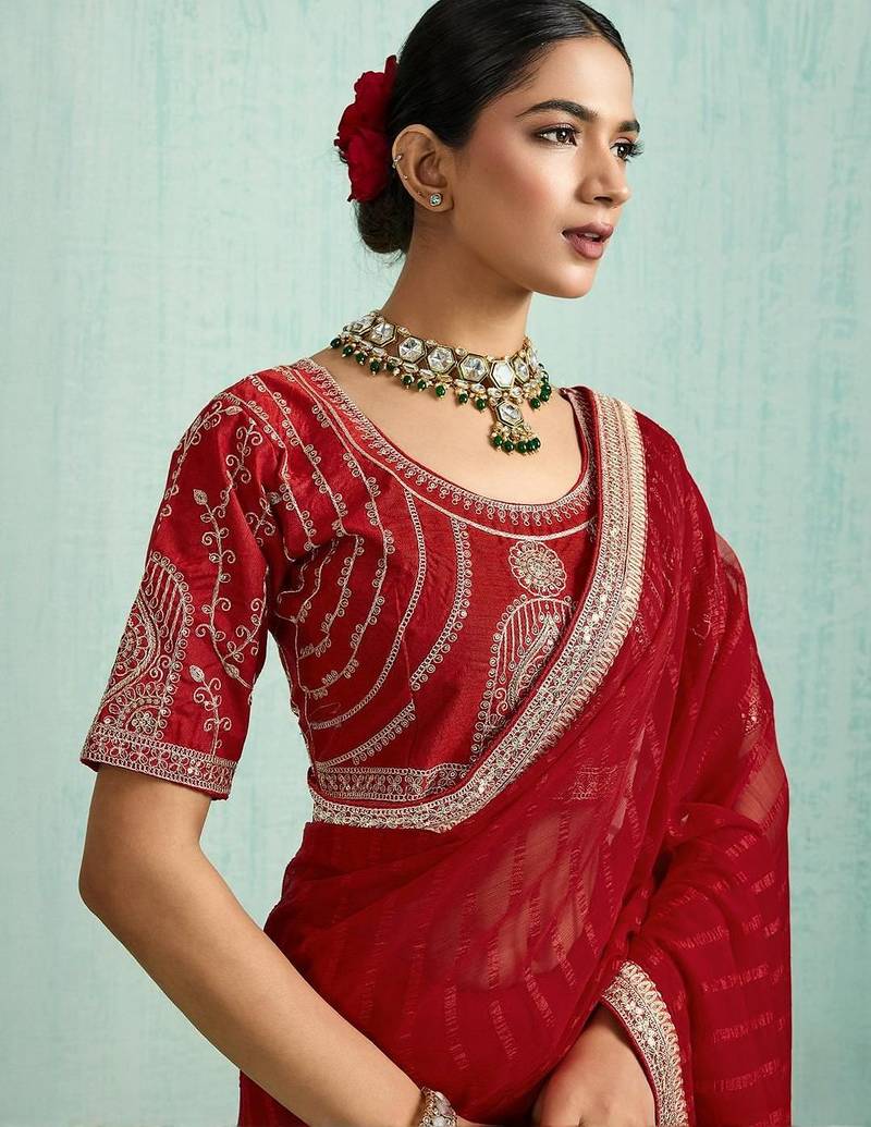 Striped Pure Chiffon Red Saree 