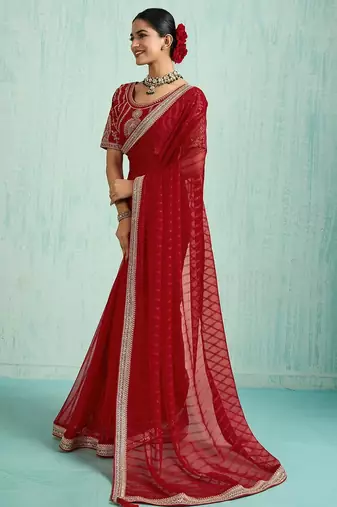 Striped Pure Chiffon Red Saree 