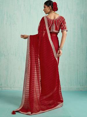 Striped Pure Chiffon Red Saree  4