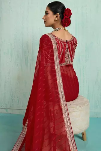 Striped Pure Chiffon Red Saree 