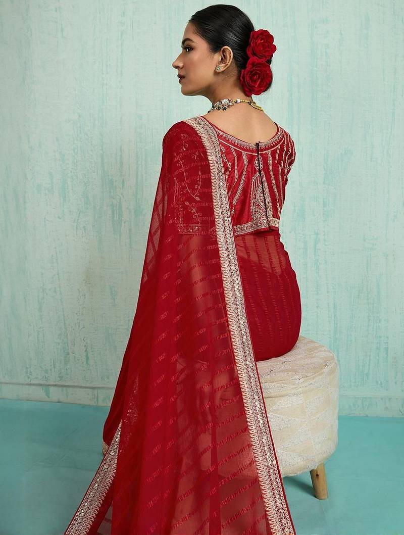 Striped Pure Chiffon Red Saree 
