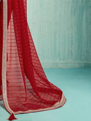 Striped Pure Chiffon Red Saree  6