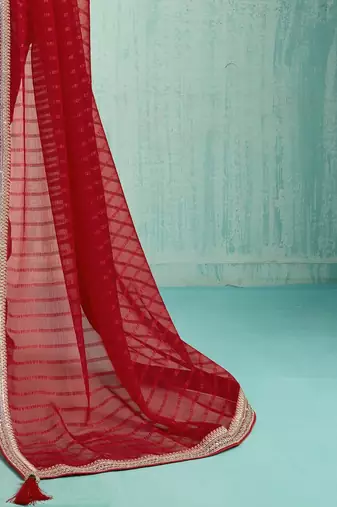 Striped Pure Chiffon Red Saree 