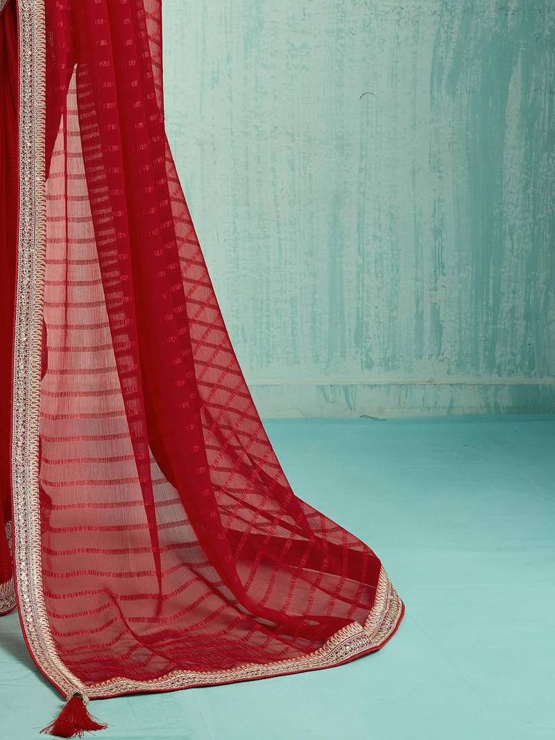 Striped Pure Chiffon Red Saree 