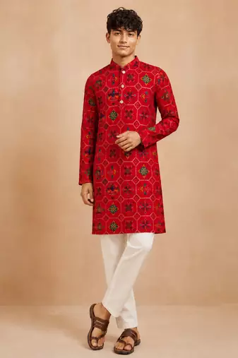 Boy's red rayon geometric print knee length kurta and pyjama set