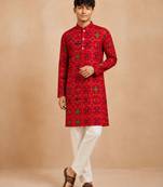 Boy's red rayon geometric print knee length kurta and pyjama set