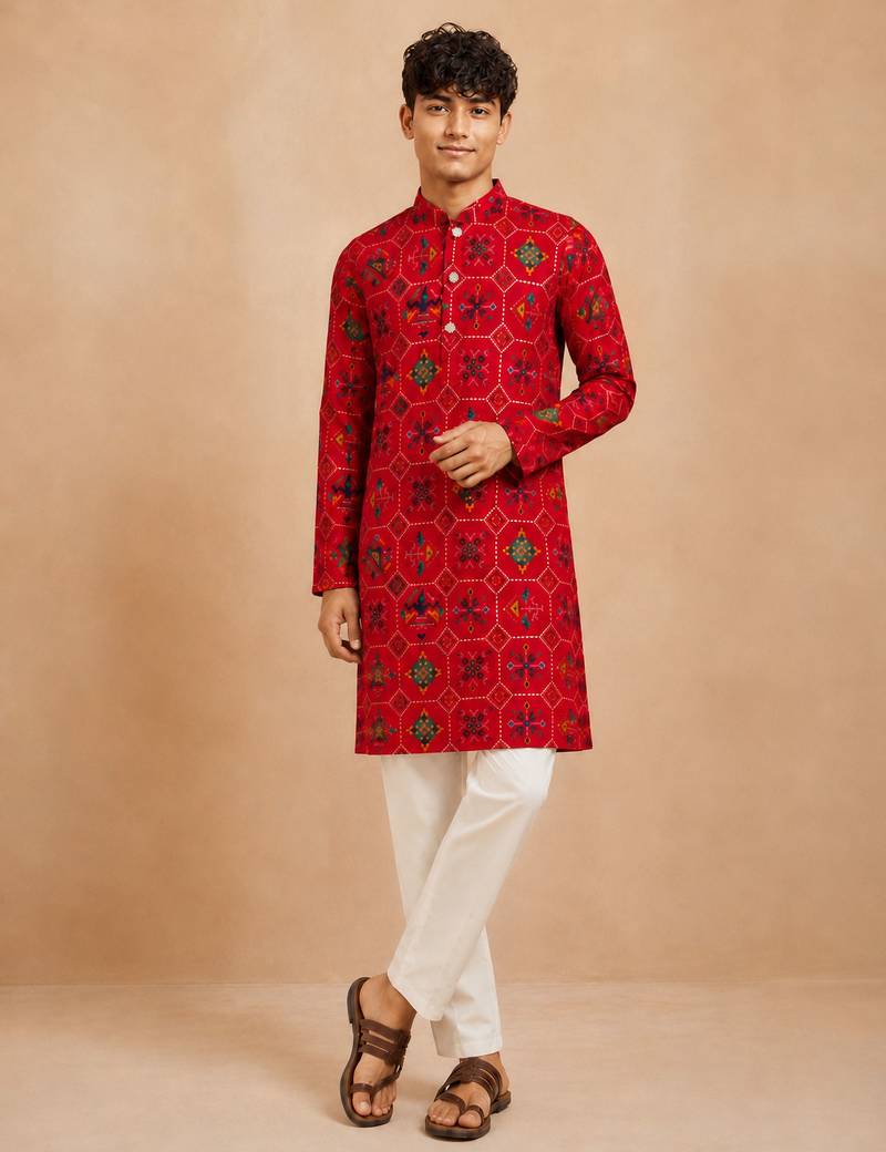 Boy's red rayon geometric print knee length kurta and pyjama set