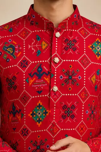 Boy's red rayon geometric print knee length kurta and pyjama set