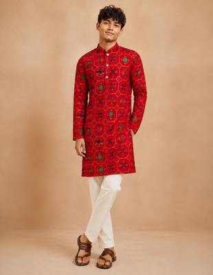 Boy's red rayon geometric print knee length kurta and pyjama set 3