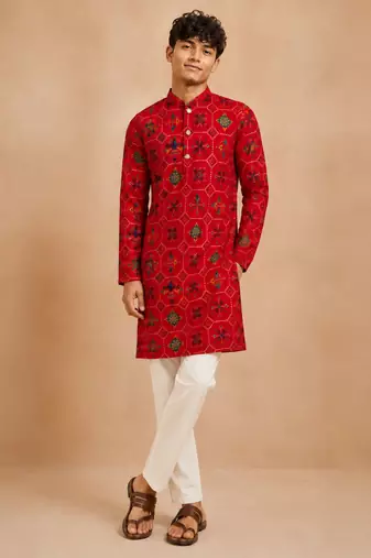 Boy's red rayon geometric print knee length kurta and pyjama set