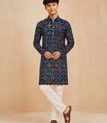 Boy's navy blue rayon printed knee length kurta and pyjama set