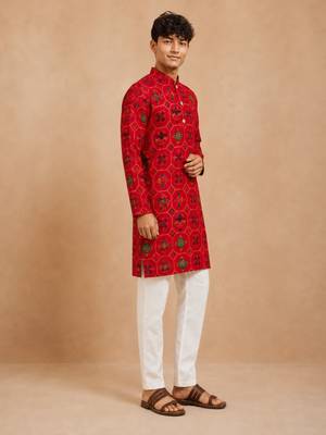 Boy's red rayon geometric print knee length kurta and pyjama set 4