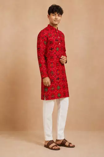 Boy's red rayon geometric print knee length kurta and pyjama set