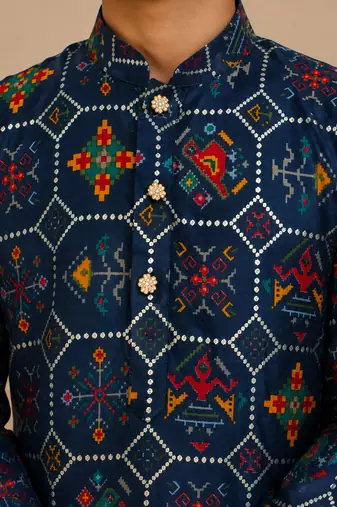 Boy's navy blue rayon printed knee length kurta and pyjama set