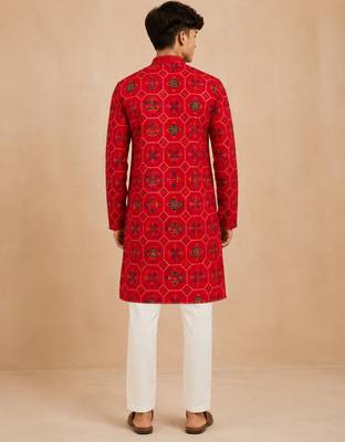 Boy's red rayon geometric print knee length kurta and pyjama set 5