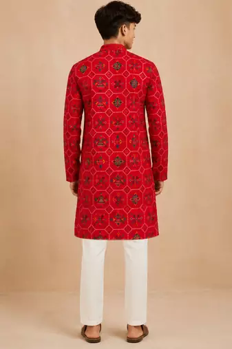 Boy's red rayon geometric print knee length kurta and pyjama set