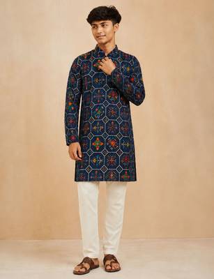 Boy's navy blue rayon printed knee length kurta and pyjama set 3