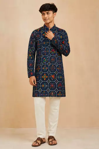 Boy's navy blue rayon printed knee length kurta and pyjama set